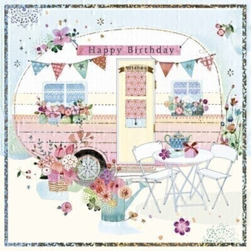 This Birthday greetings card from Paper Rose shows a vintage carvan decorated with flower boxes bright bunting and bistro set with Happy Birthday written on the front. The card is perfect to send to someone celebrating a birthday and it has Relax and Enjoy written on the inside. Comes complete with a pink envelope.